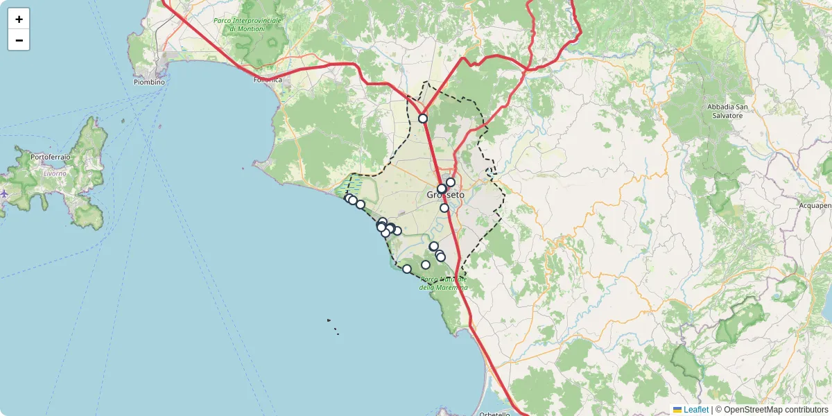 Mappa dettagliata del trasporto pubblico a Grosseto con linee autobus, tram e collegamenti