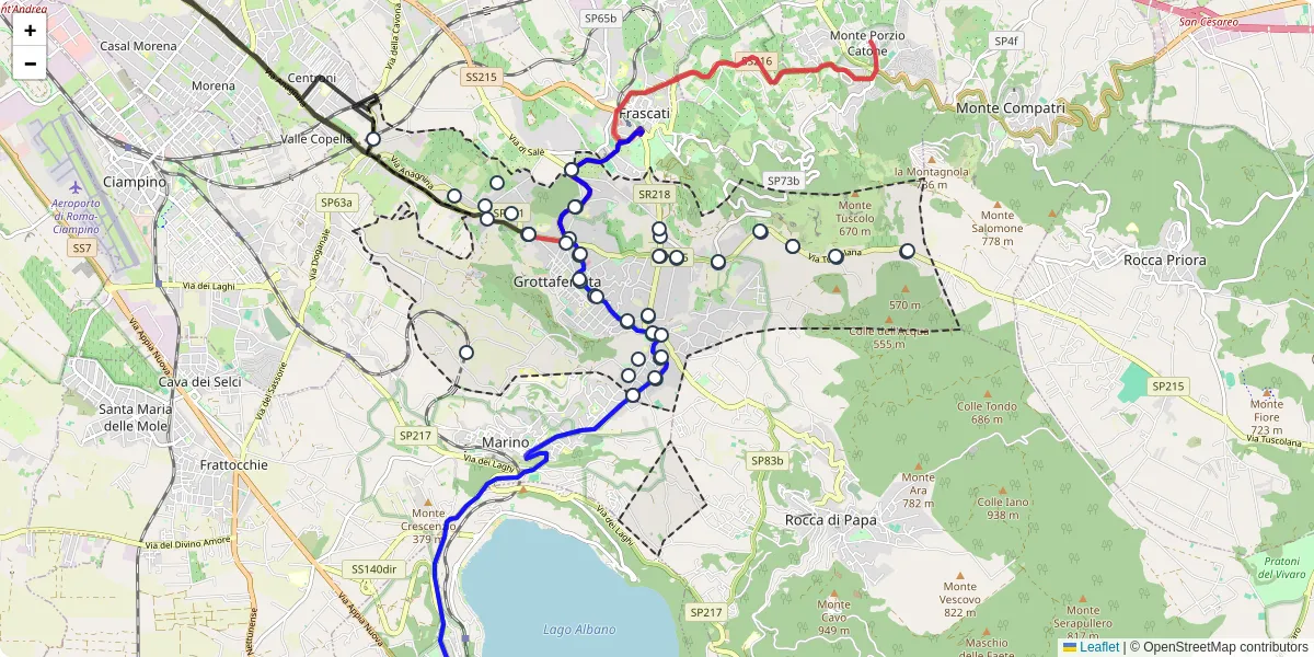 Mappa dettagliata del trasporto pubblico a Grottaferrata con linee autobus, tram e collegamenti