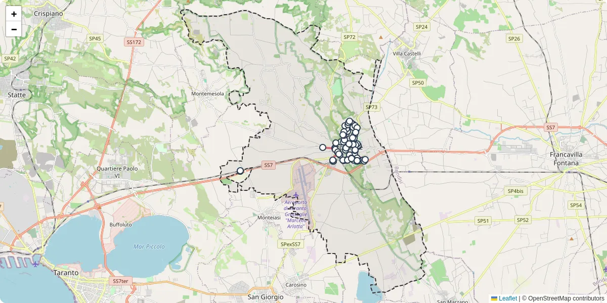Mappa dettagliata del trasporto pubblico a Grottaglie con linee autobus, tram e collegamenti