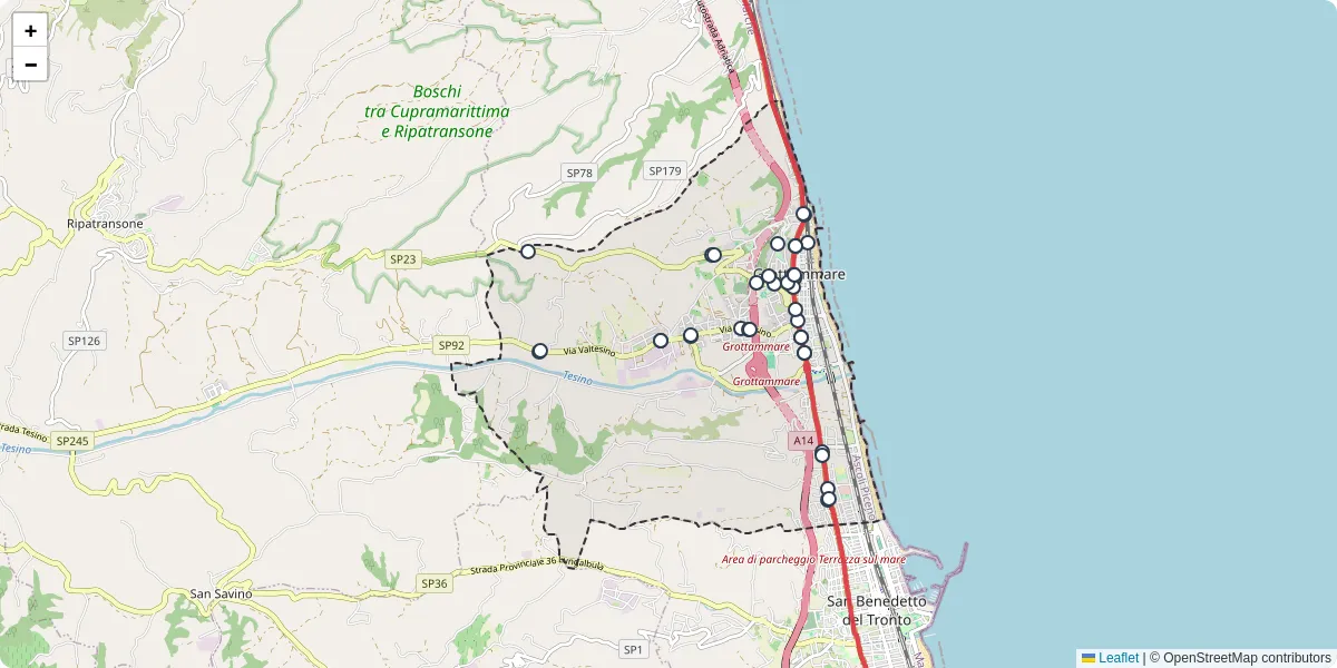 Mappa dettagliata del trasporto pubblico a Grottammare con linee autobus, tram e collegamenti
