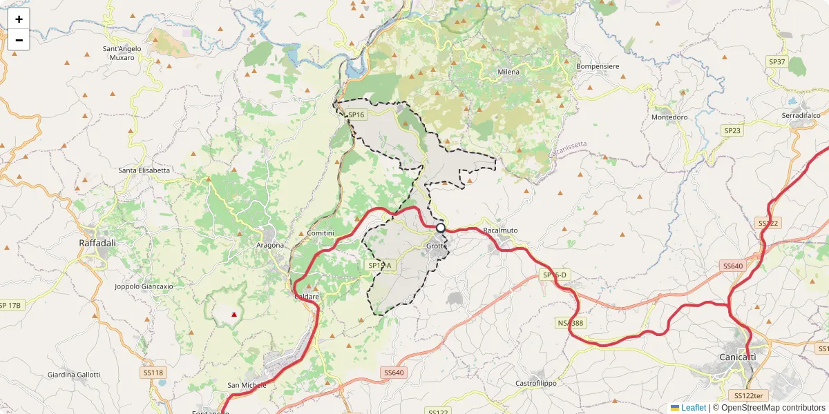 Mappa dettagliata del trasporto pubblico a Grotte con linee autobus, tram e collegamenti