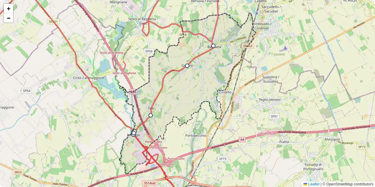 Mappa dettagliata del trasporto pubblico a Gruaro con linee autobus, tram e collegamenti