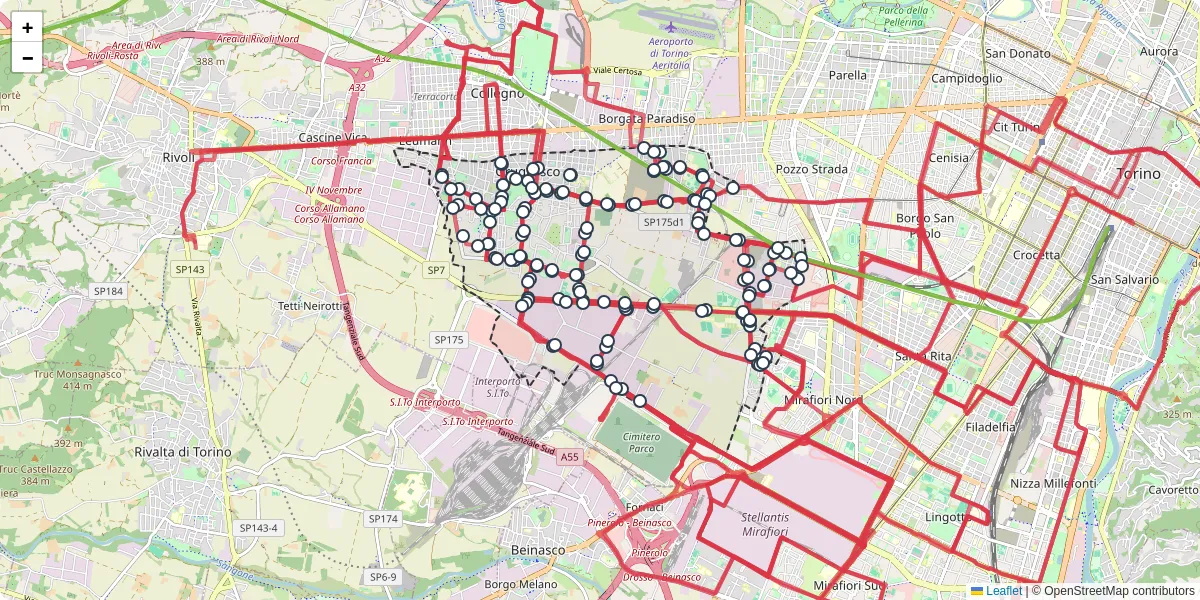 Mappa dettagliata del trasporto pubblico a Grugliasco con linee autobus, tram e collegamenti