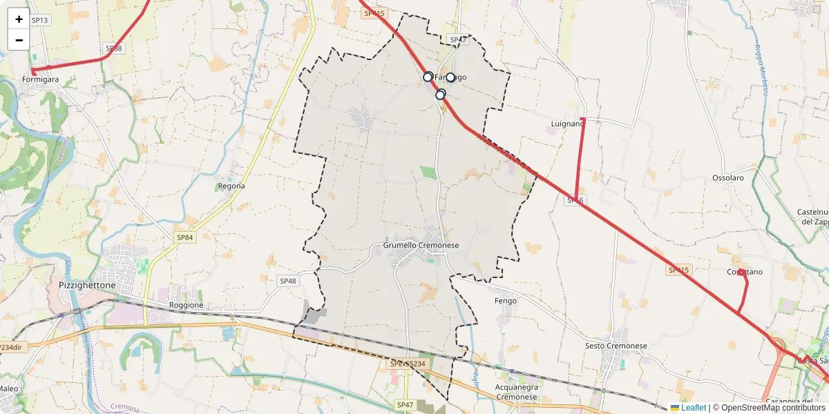 Mappa dettagliata del trasporto pubblico a Grumello Cremonese ed Uniti con linee autobus, tram e collegamenti