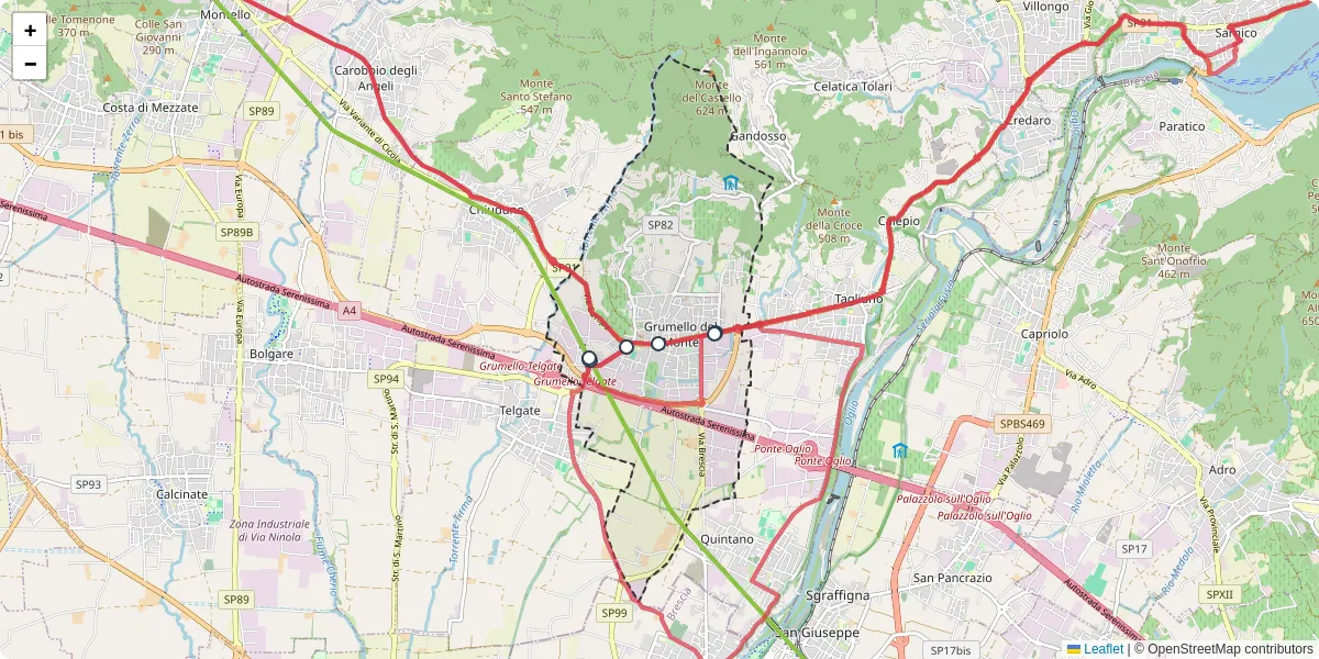 Mappa dettagliata del trasporto pubblico a Grumello del Monte con linee autobus, tram e collegamenti