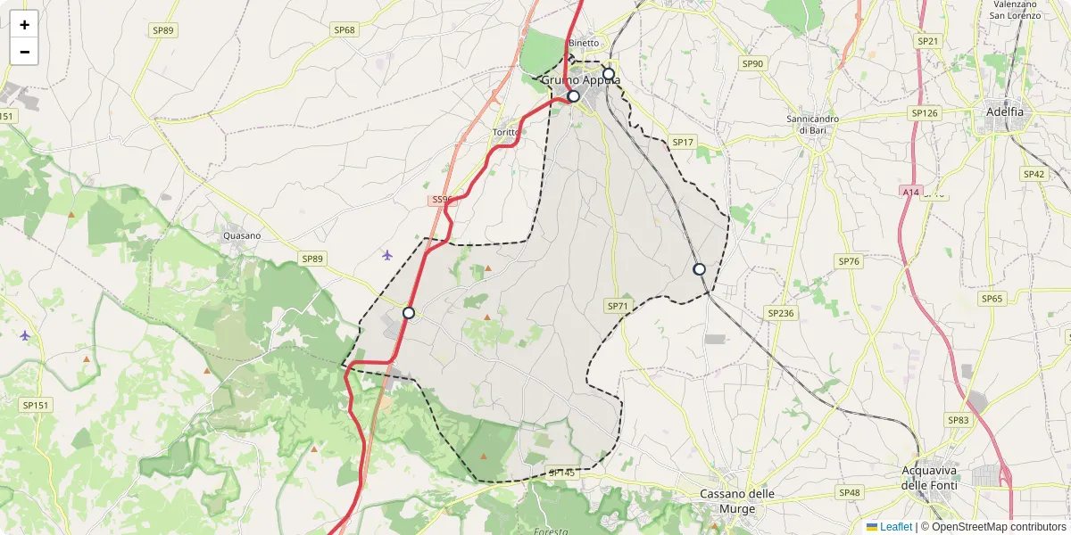 Mappa dettagliata del trasporto pubblico a Grumo Appula con linee autobus, tram e collegamenti