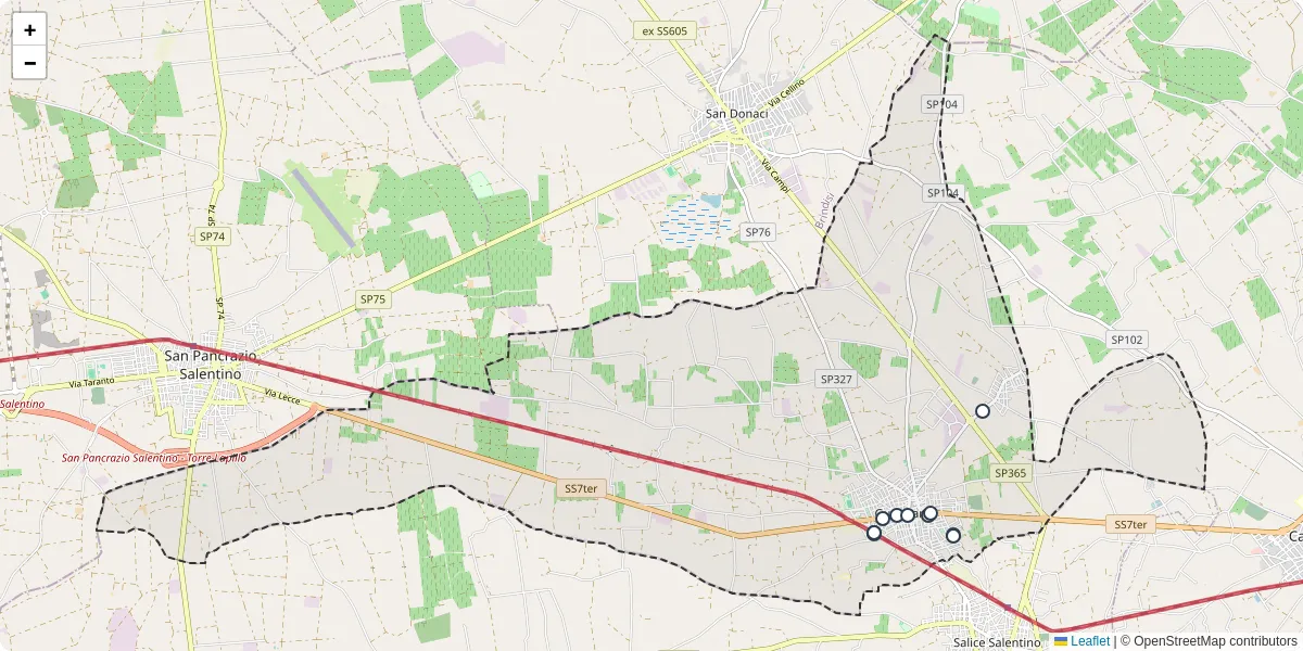 Mappa dettagliata del trasporto pubblico a Guagnano con linee autobus, tram e collegamenti