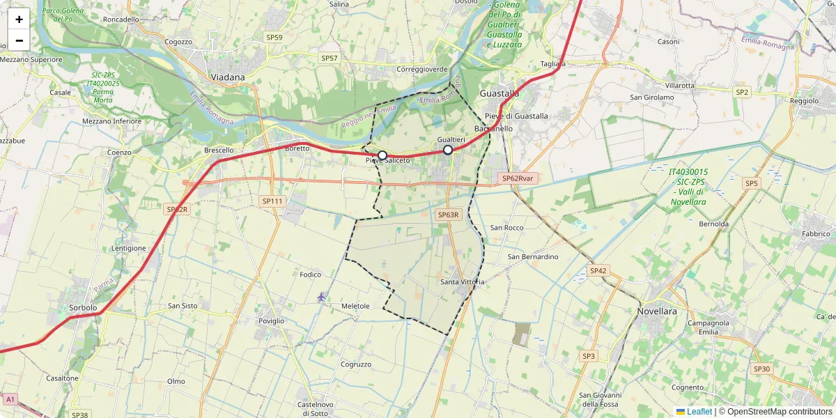 Mappa dettagliata del trasporto pubblico a Gualtieri con linee autobus, tram e collegamenti