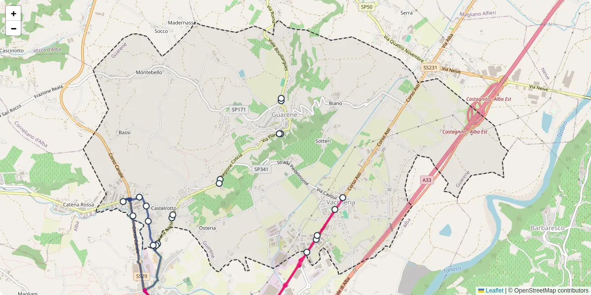 Mappa dettagliata del trasporto pubblico a Guarene con linee autobus, tram e collegamenti