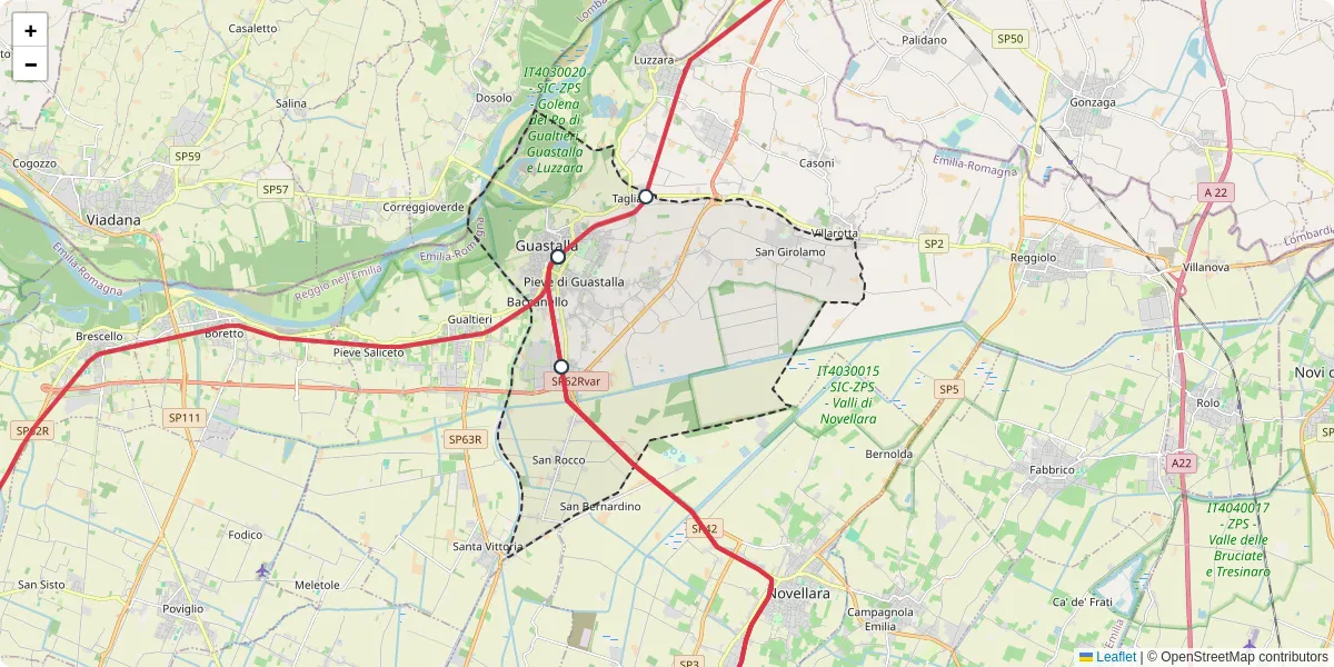Mappa dettagliata del trasporto pubblico a Guastalla con linee autobus, tram e collegamenti