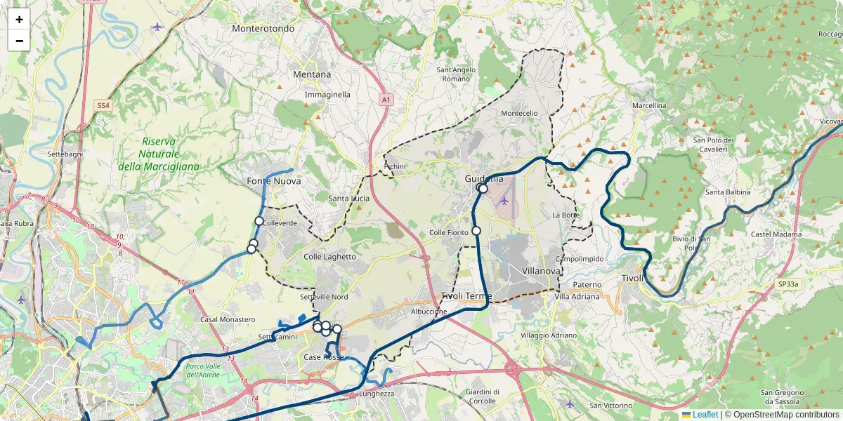 Mappa dettagliata del trasporto pubblico a Guidonia Montecelio con linee autobus, tram e collegamenti