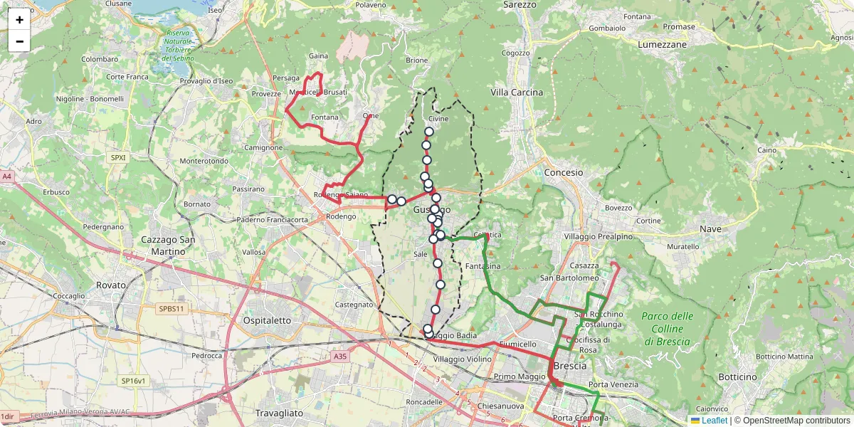 Mappa dettagliata del trasporto pubblico a Gussago con linee autobus, tram e collegamenti