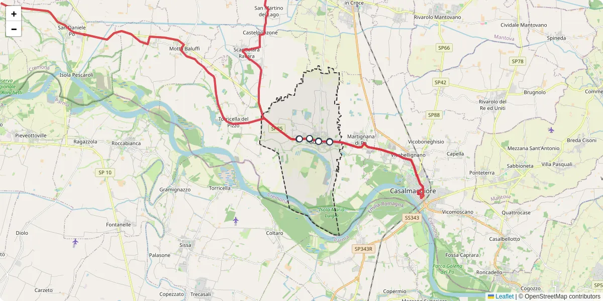 Mappa dettagliata del trasporto pubblico a Gussola con linee autobus, tram e collegamenti