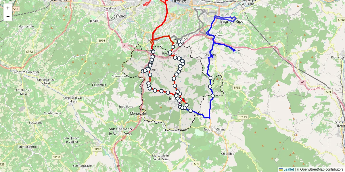 Mappa dettagliata del trasporto pubblico a Impruneta con linee autobus, tram e collegamenti
