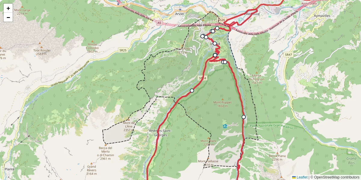 Mappa dettagliata del trasporto pubblico a Introd con linee autobus, tram e collegamenti