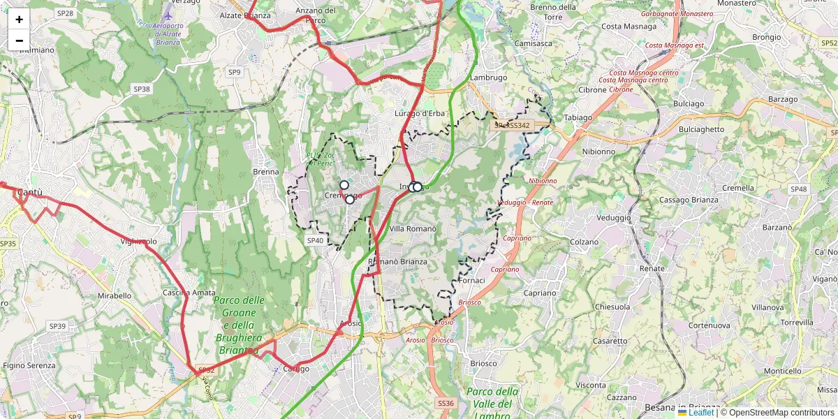 Mappa dettagliata del trasporto pubblico a Inverigo con linee autobus, tram e collegamenti