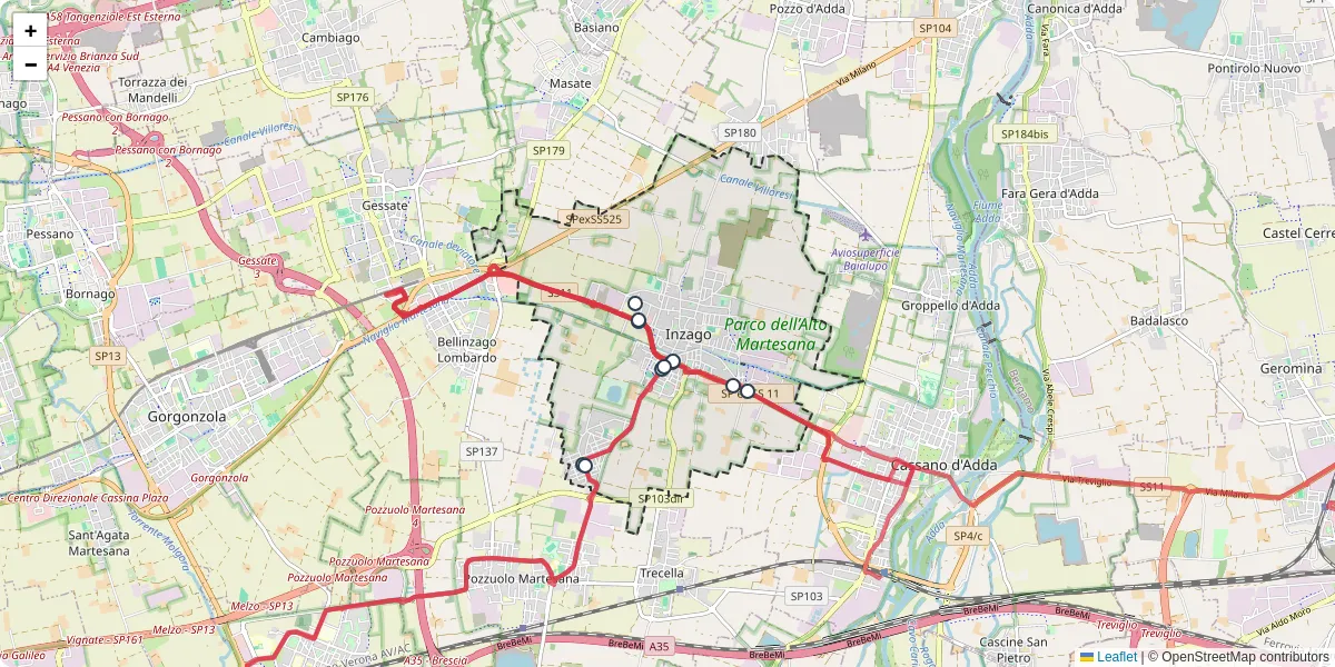 Mappa dettagliata del trasporto pubblico a Inzago con linee autobus, tram e collegamenti