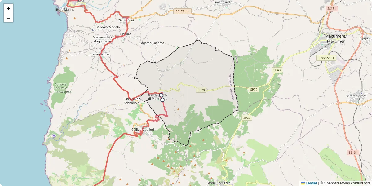 Mappa dettagliata del trasporto pubblico a Iscanu/Scano di Montiferro con linee autobus, tram e collegamenti