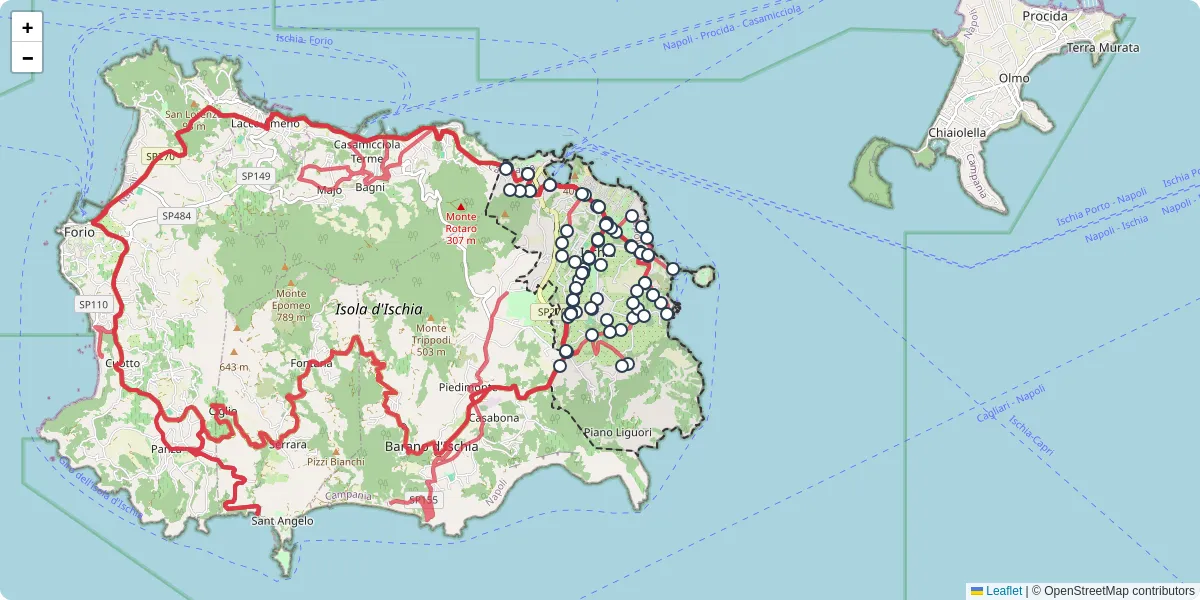 Mappa dettagliata del trasporto pubblico a Ischia con linee autobus, tram e collegamenti