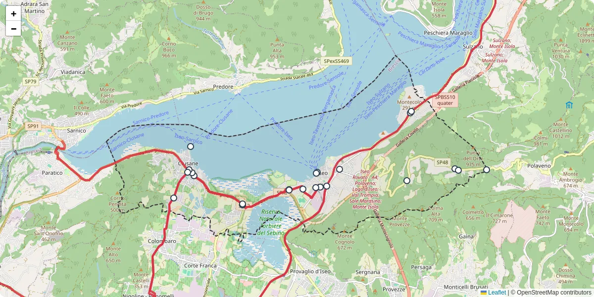 Mappa dettagliata del trasporto pubblico a Iseo con linee autobus, tram e collegamenti