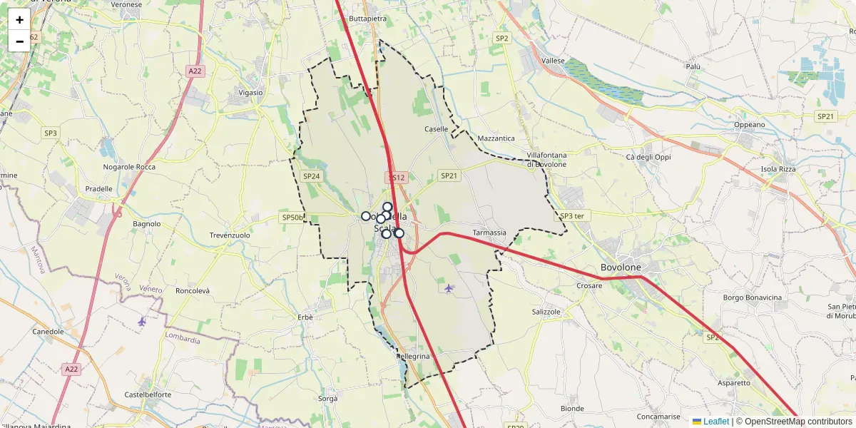 Mappa dettagliata del trasporto pubblico a Isola della Scala con linee autobus, tram e collegamenti