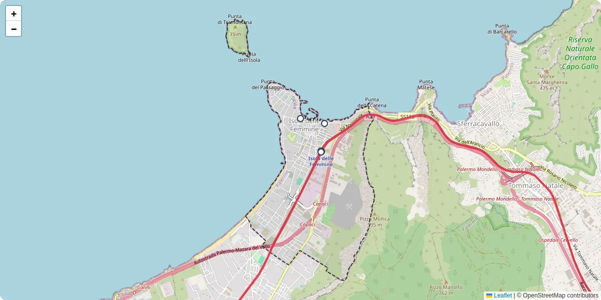 Mappa dettagliata del trasporto pubblico a Isola delle Femmine con linee autobus, tram e collegamenti