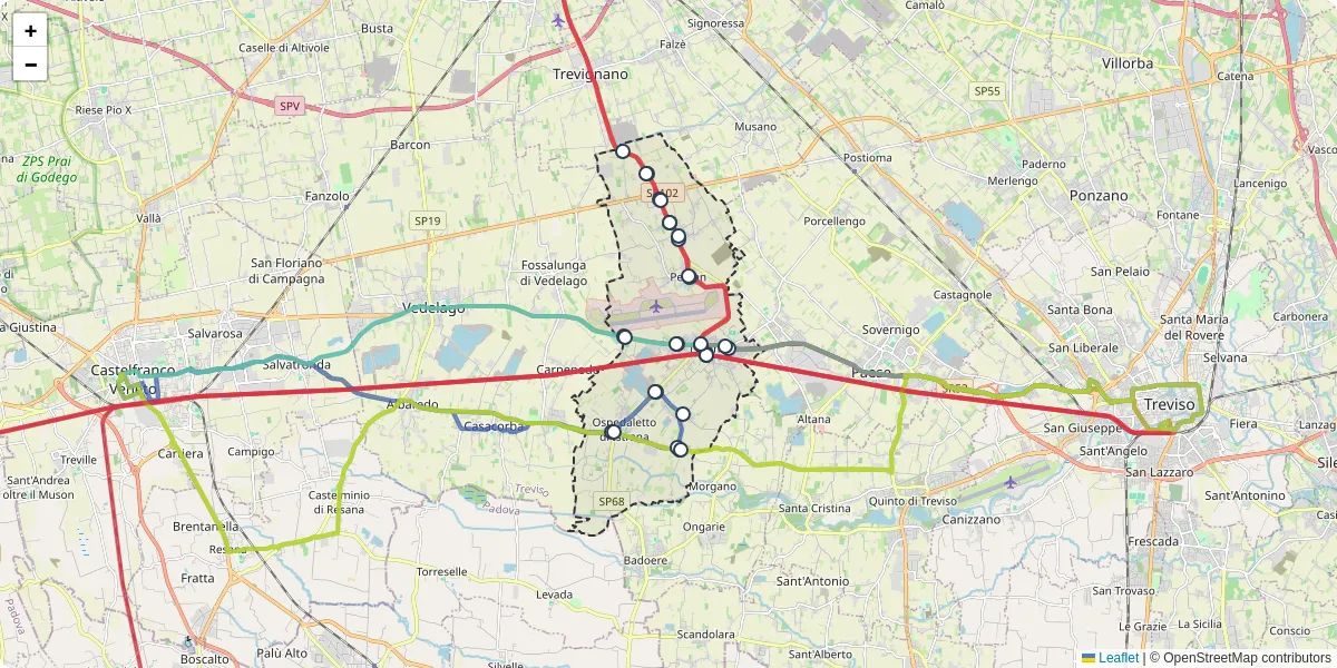 Mappa dettagliata del trasporto pubblico a Istrana con linee autobus, tram e collegamenti