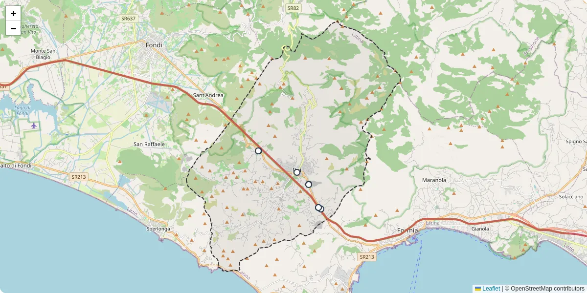 Mappa dettagliata del trasporto pubblico a Itri con linee autobus, tram e collegamenti