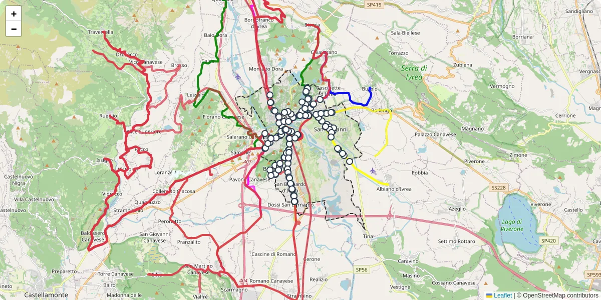 Mappa dettagliata del trasporto pubblico a Ivrea con linee autobus, tram e collegamenti