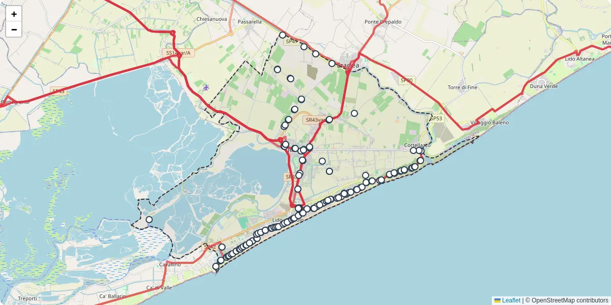 Mappa dettagliata del trasporto pubblico a Jesolo con linee autobus, tram e collegamenti