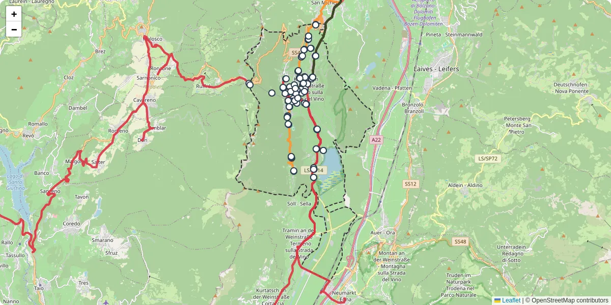 Mappa dettagliata del trasporto pubblico a Kaltern an der Weinstraße - Caldaro sulla Strada del Vino con linee autobus, tram e collegamenti