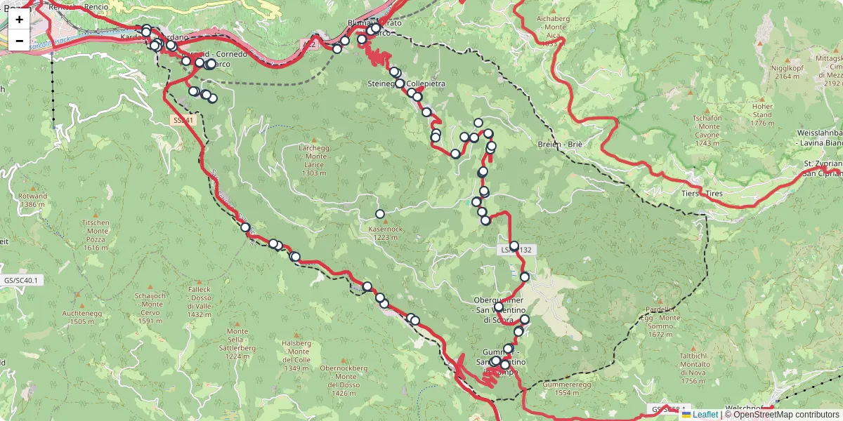 Mappa dettagliata del trasporto pubblico a Karneid - Cornedo all'Isarco con linee autobus, tram e collegamenti