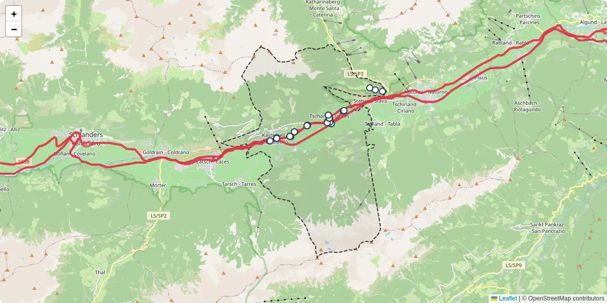 Mappa dettagliata del trasporto pubblico a Kastelbell-Tschars - Castelbello-Ciardes con linee autobus, tram e collegamenti