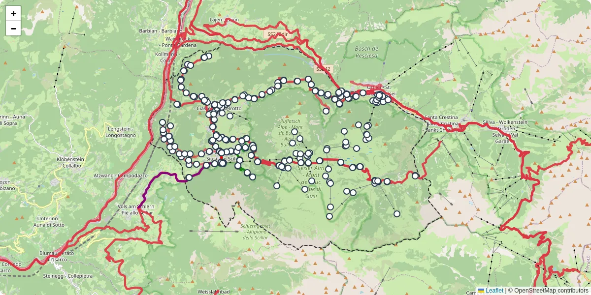 Mappa dettagliata del trasporto pubblico a Kastelruth - Castelrotto con linee autobus, tram e collegamenti