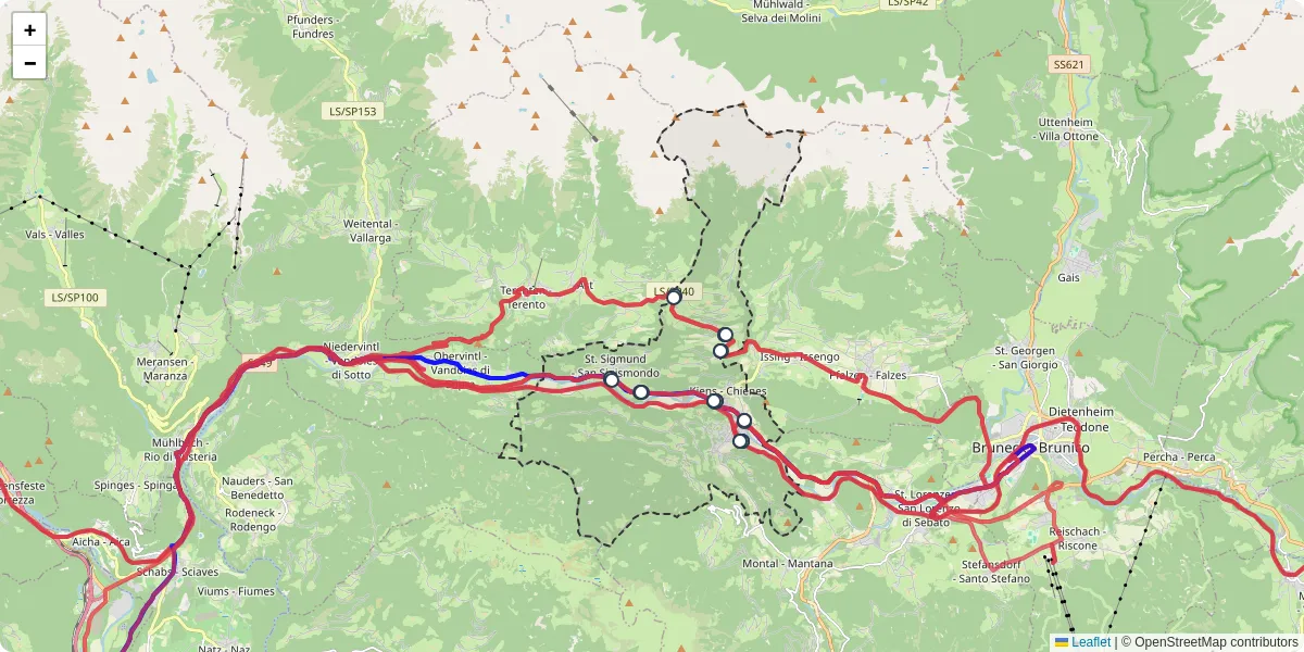 Mappa dettagliata del trasporto pubblico a Kiens - Chienes con linee autobus, tram e collegamenti