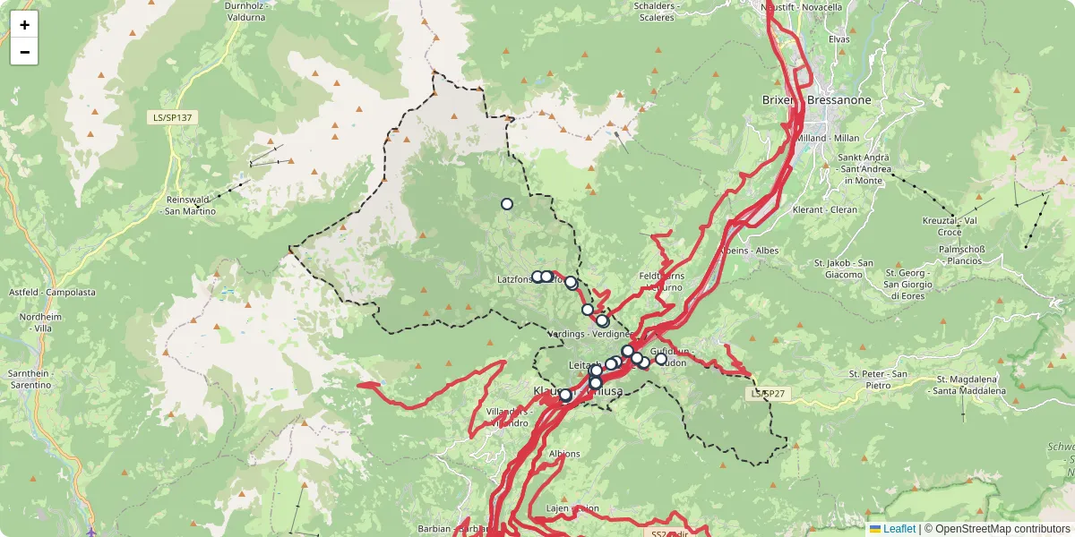 Mappa dettagliata del trasporto pubblico a Klausen - Chiusa con linee autobus, tram e collegamenti