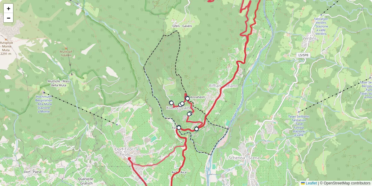 Mappa dettagliata del trasporto pubblico a Kuens - Caines con linee autobus, tram e collegamenti