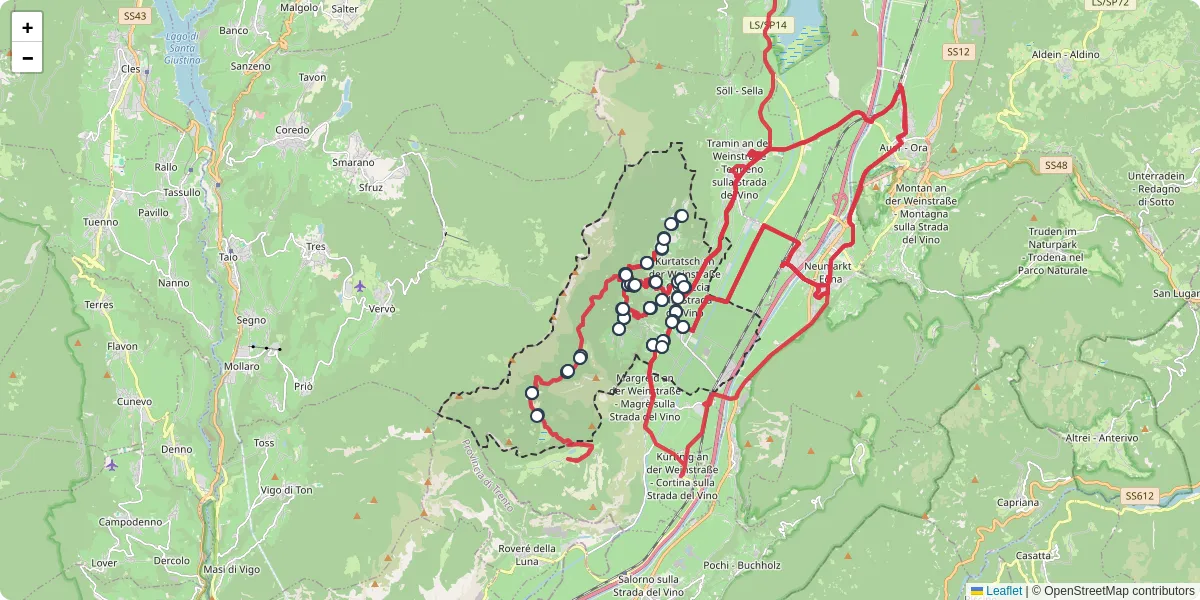 Mappa dettagliata del trasporto pubblico a Kurtatsch an der Weinstraße - Cortaccia sulla Strada del Vino con linee autobus, tram e collegamenti
