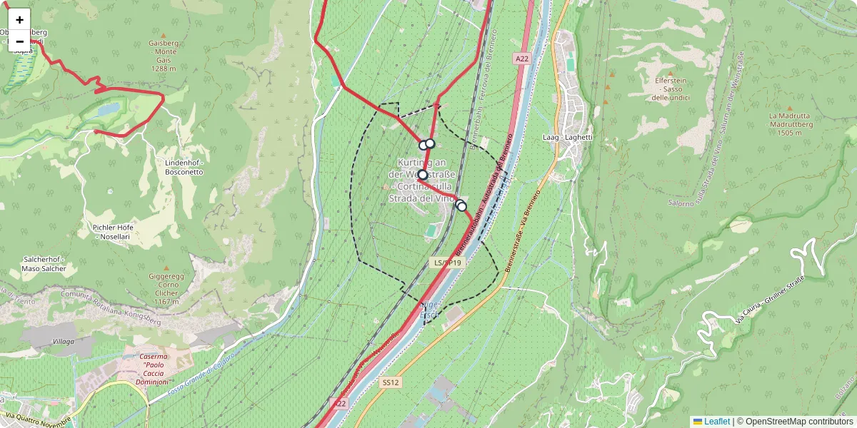 Mappa dettagliata del trasporto pubblico a Kurtinig an der Weinstraße - Cortina sulla Strada del Vino con linee autobus, tram e collegamenti