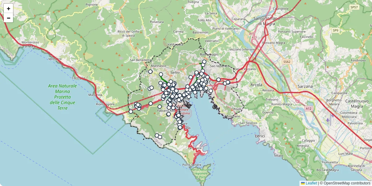 Mappa dettagliata del trasporto pubblico a La Spezia con linee autobus, tram e collegamenti