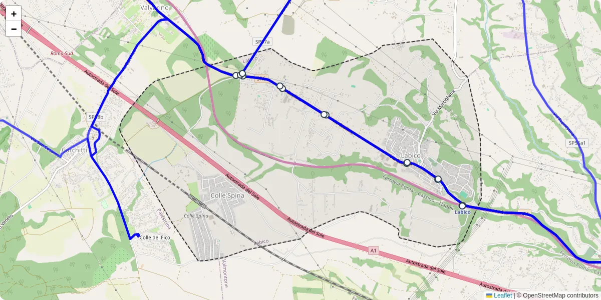 Mappa dettagliata del trasporto pubblico a Labico con linee autobus, tram e collegamenti