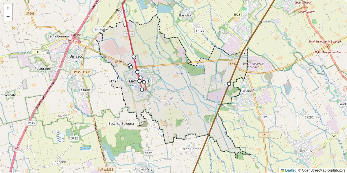 Mappa dettagliata del trasporto pubblico a Lacchiarella con linee autobus, tram e collegamenti