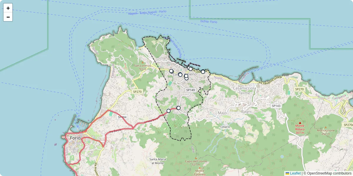 Mappa dettagliata del trasporto pubblico a Lacco Ameno con linee autobus, tram e collegamenti