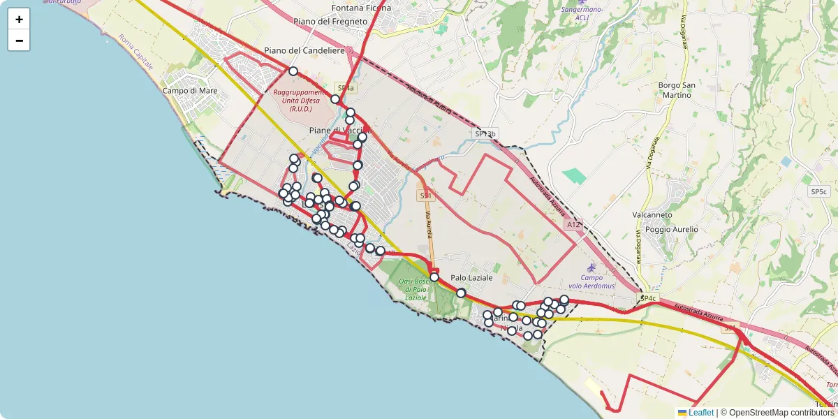 Mappa dettagliata del trasporto pubblico a Ladispoli con linee autobus, tram e collegamenti