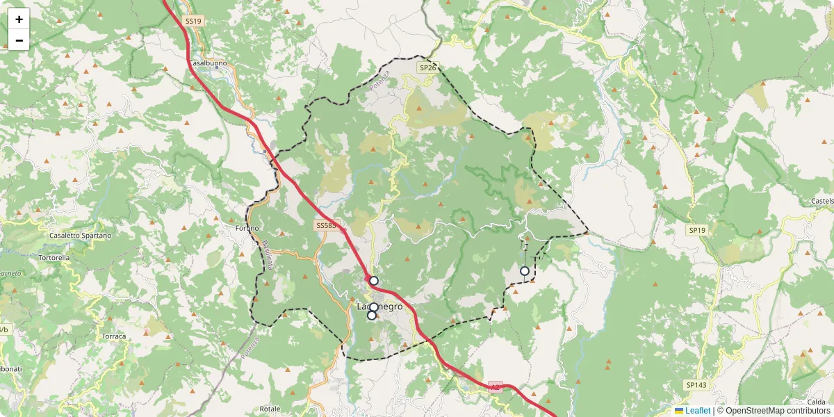 Mappa dettagliata del trasporto pubblico a Lagonegro con linee autobus, tram e collegamenti