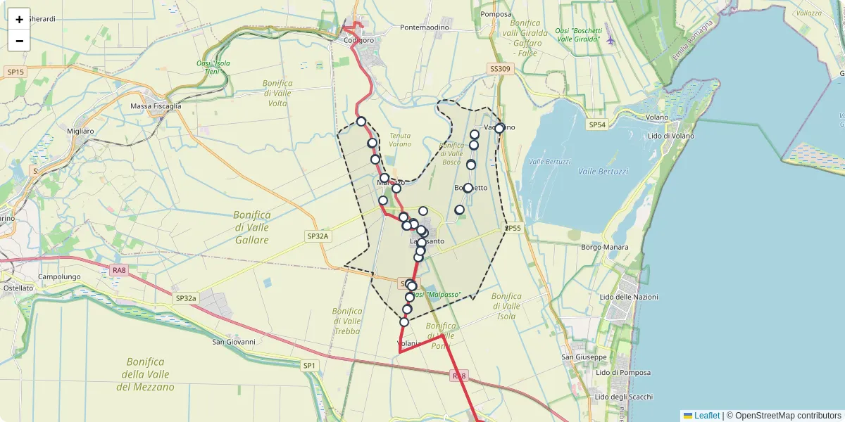 Mappa dettagliata del trasporto pubblico a Lagosanto con linee autobus, tram e collegamenti