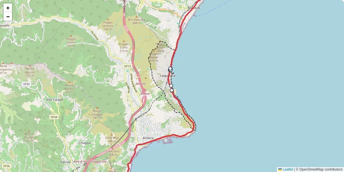 Mappa dettagliata del trasporto pubblico a Laigueglia con linee autobus, tram e collegamenti