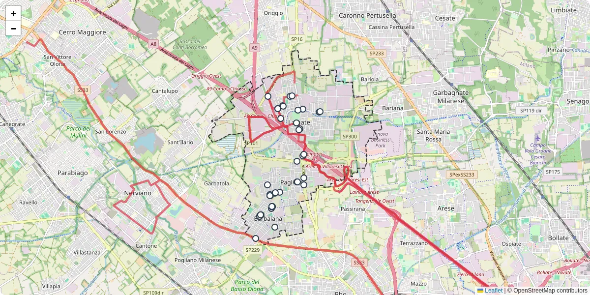 Mappa dettagliata del trasporto pubblico a Lainate con linee autobus, tram e collegamenti