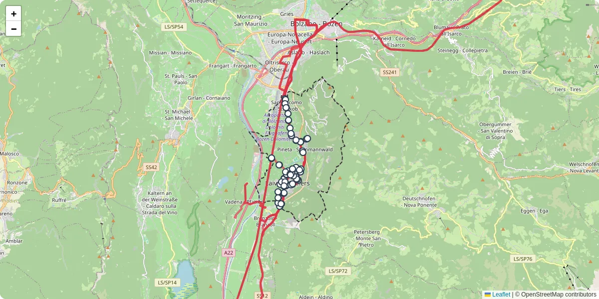 Mappa dettagliata del trasporto pubblico a Laives - Leifers con linee autobus, tram e collegamenti