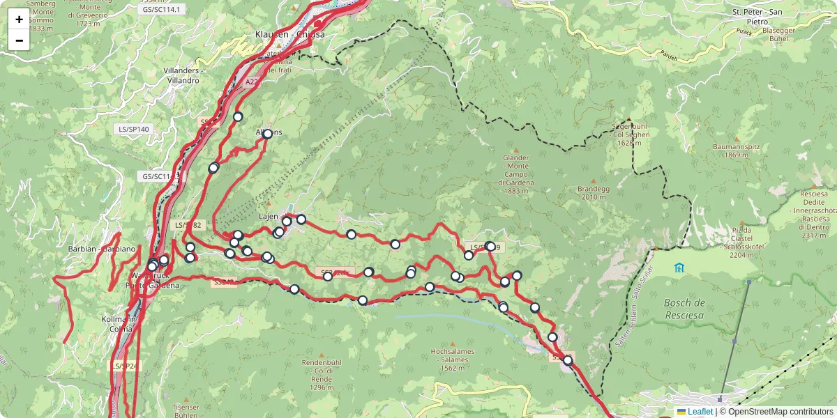 Mappa dettagliata del trasporto pubblico a Lajen - Laion con linee autobus, tram e collegamenti